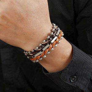 Two Tone Orange Brown Leather Men’s Bracelet